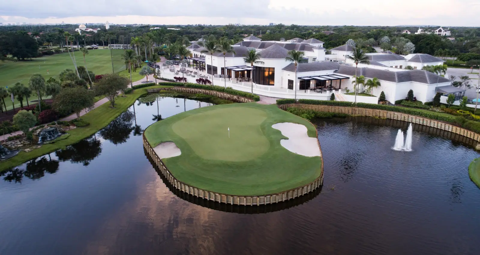 An island green on the Club Course beside the clubhouse