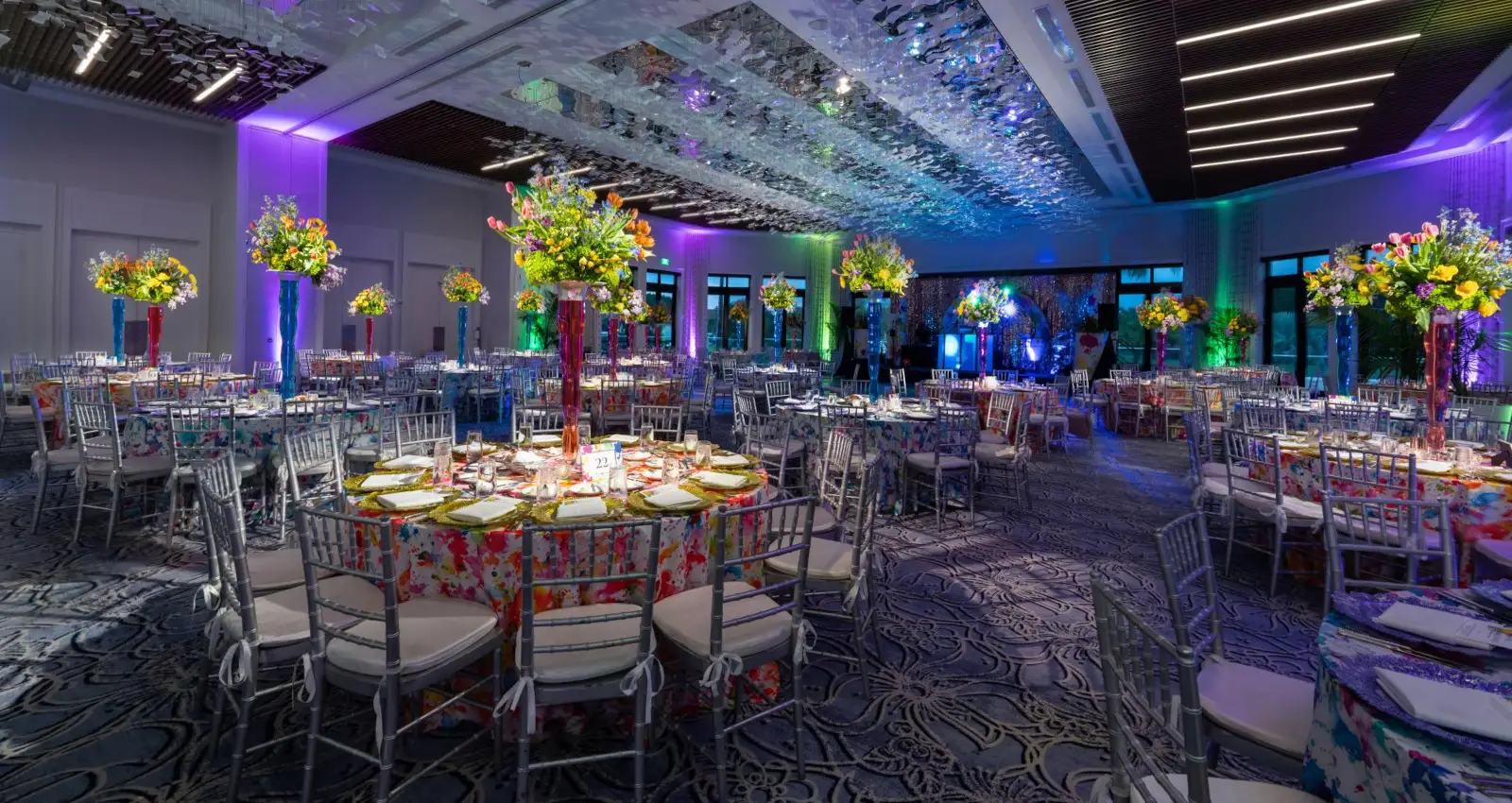 Tables set for a gala in the ballroom